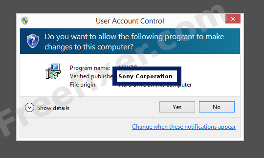 Screenshot where Sony Corporation appears as the verified publisher in the UAC dialog